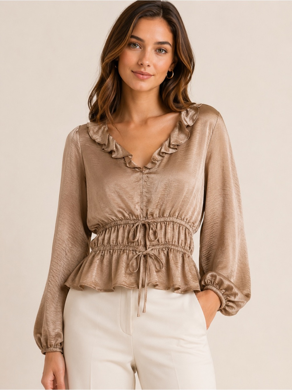 Steve Madden Feminine Satin Ruffle Peplum Tie Front Blouse Champagne M